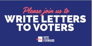The words Please join us to Write Letters to Voters on a blue background