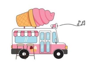 Pink and blue ice cream truck with a soft serve cone on the roof.