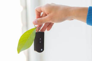  Close up of hand holding car key with green leaf trinket